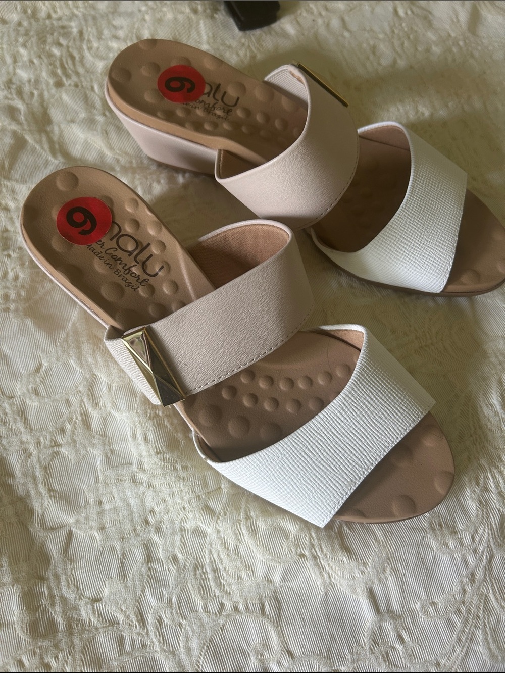 Two-Band White & Beige Women's Slide Sandals